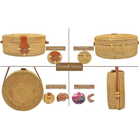 Handwoven Round Rattan Bag Made In Vietnam, Real Leather Adjustable Strap Bag - Picture 2 of 6